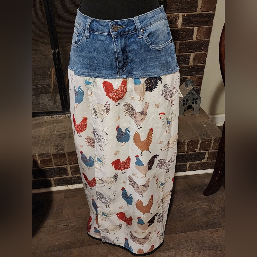 Must Have,One Of A Kind,Earl Jeans Denim Blue and White Chicken Print Maxi Skirt